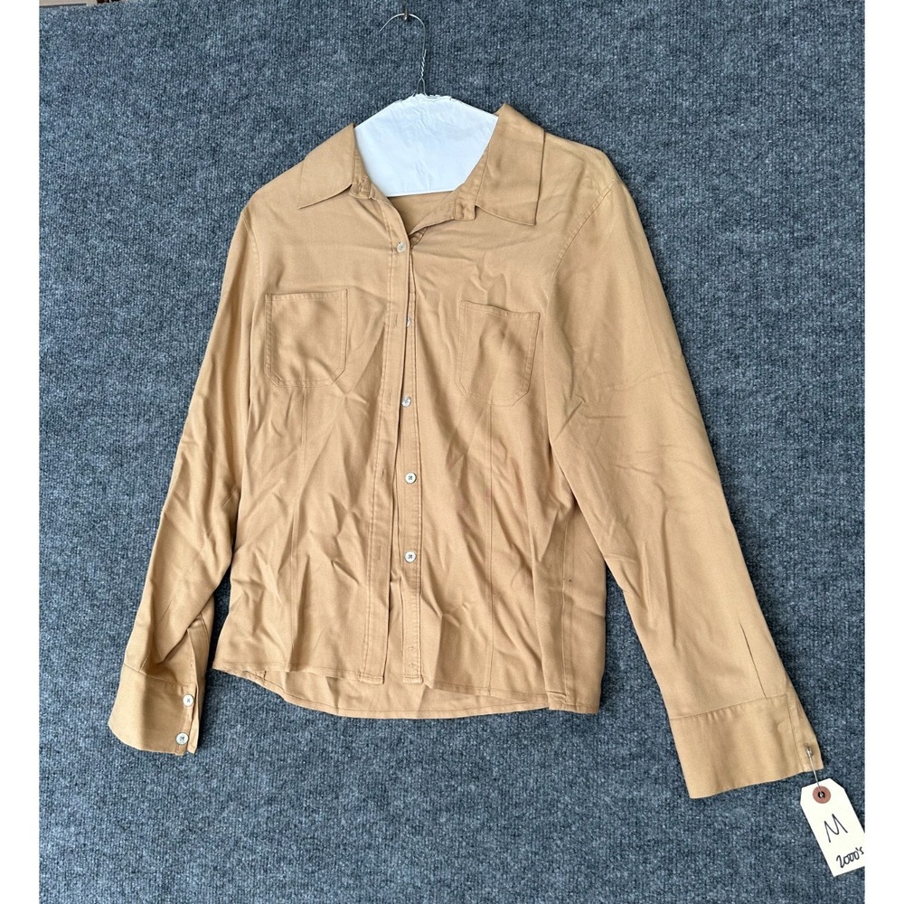 Dressbarn Shirt Top Women Medium Tan Silk Blend Long Sleeve Button Up Career Y2K